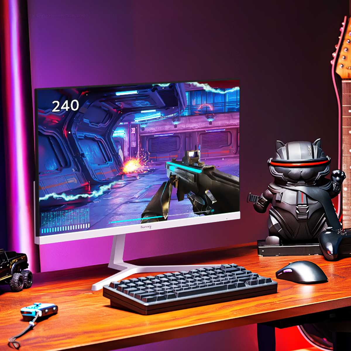 Suevery 24" FHD 1080p Curved Gaming Monitor, 240Hz, Built-in Speakers, 1800R, FreeSync, Wall Mountable -White