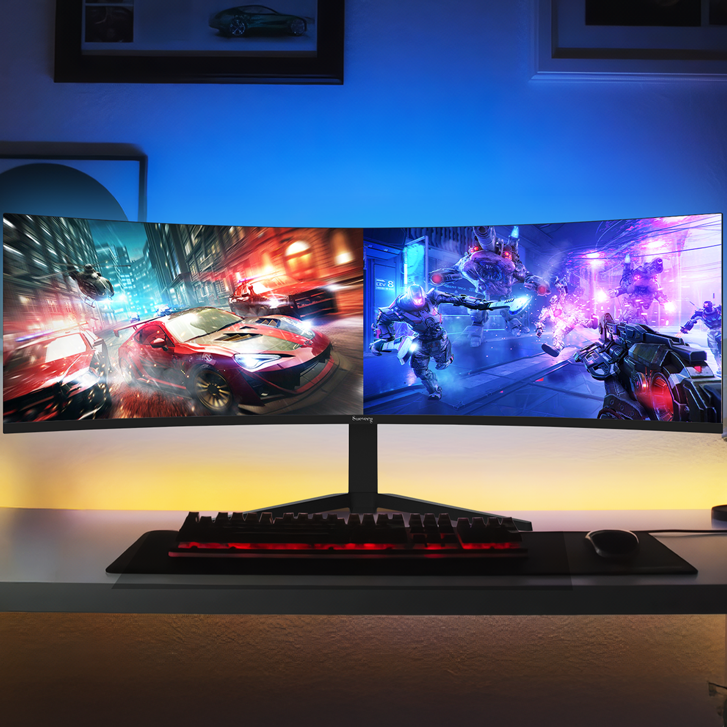 Suevery 49" Curved Ultra-Wide Gaming Monitor, DQHD 5120×1440, 165Hz, 1500R, Built-in Speakers, FreeSync, HDMI & DP, Wall Mount Install–Black