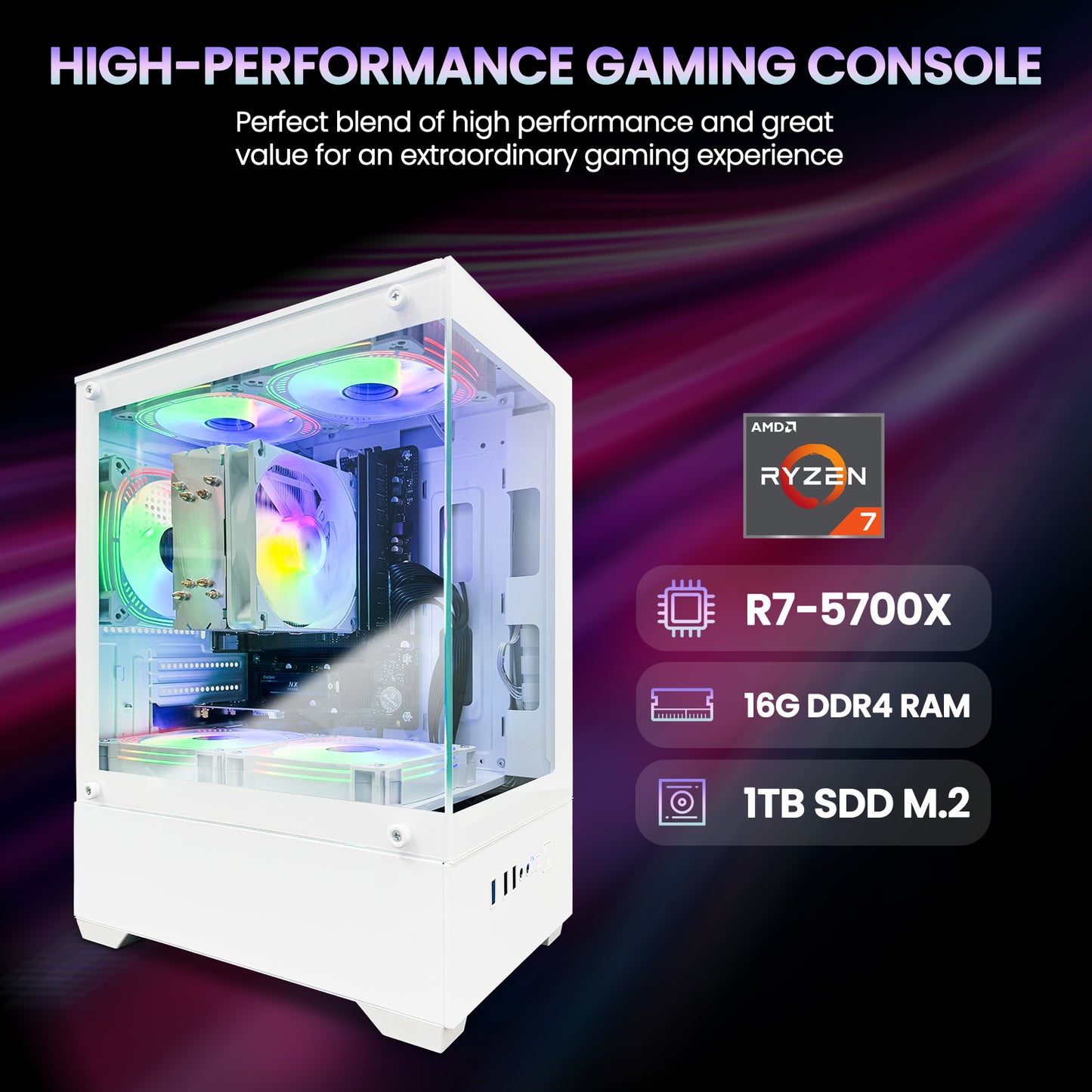 Suevery Gaming PC Desktop AMD Ryzen R7-5700G B450 Chipset 32GB RAM 1TB SSD Wi-Fi 6 Win 11-White
