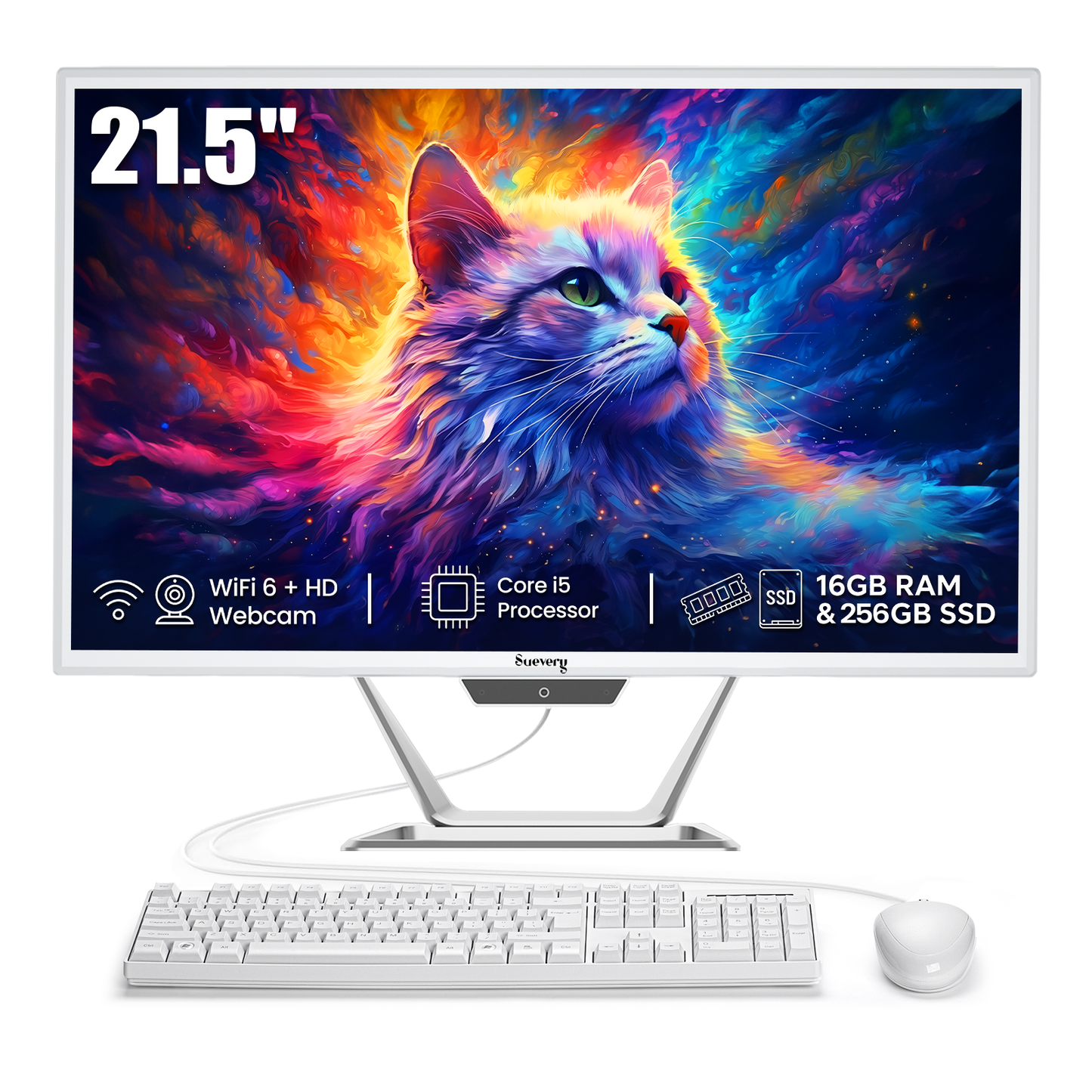 Suevery 21.5 Inch All-in-One PC Desktop, Core i5 16GB RAM 256G SSD, 22" FHD 1080P Display Computer, WiFi 6 HDMI USB, HD Webcam, Compact AIO for Home Office Business Daily Use with Keyboard & Mouse