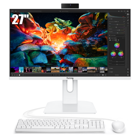 Suevery 27 Inch All-in-One PC Desktop, Core i7 16GB RAM, 512GB SSD, QHD 2560x1440 Computer, WiFi 6, HDMI, USB, HD Webcam, White – with Keyboard & Mouse