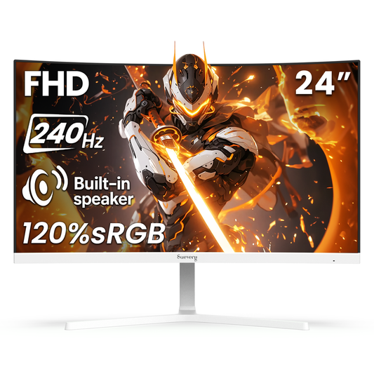 Suevery 24" FHD 1080p Curved Gaming Monitor, 240Hz, Built-in Speakers, 1800R, FreeSync, Wall Mountable -White