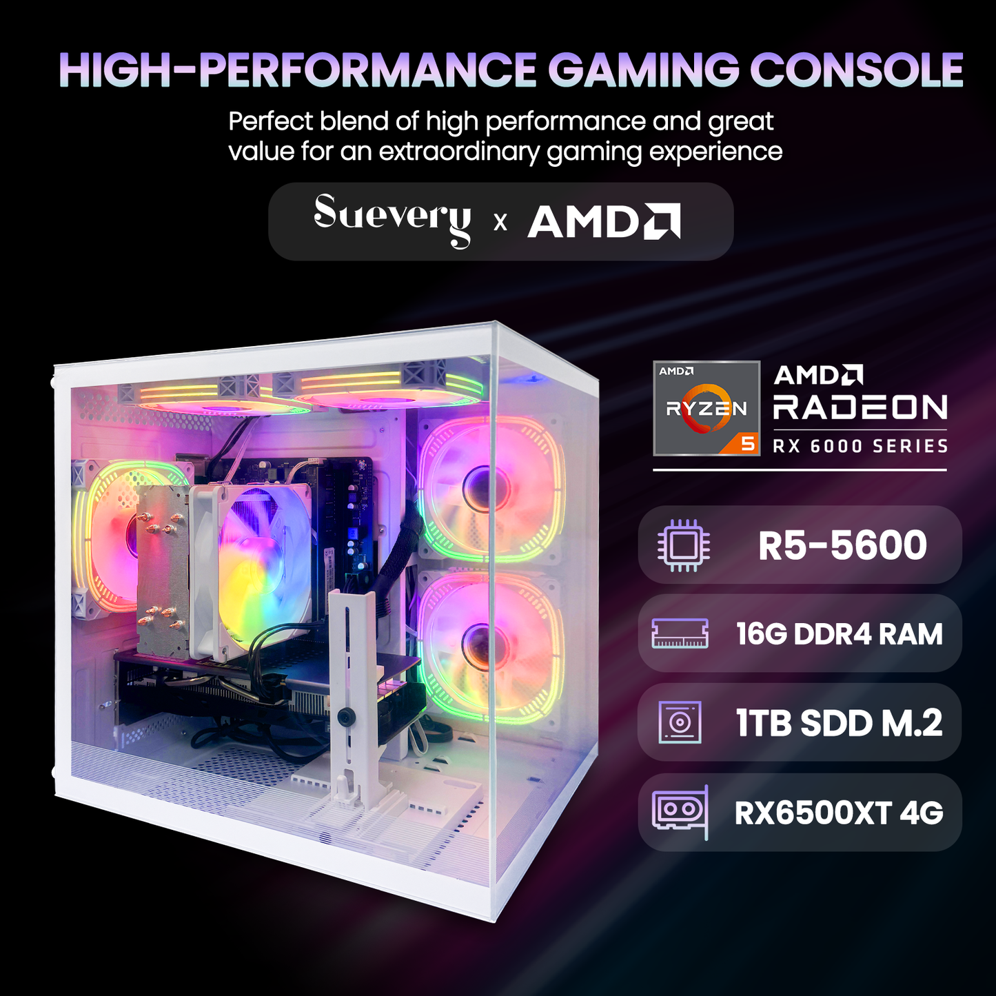AMD Ryzen 5 5600 + Radeon RX 6500 Gaming PC with B450 Motherboard, 16GB DDR4 3200MHz, 1TB NVMe SSD, WiFi 6, 400W PSU, and RGB Lighting