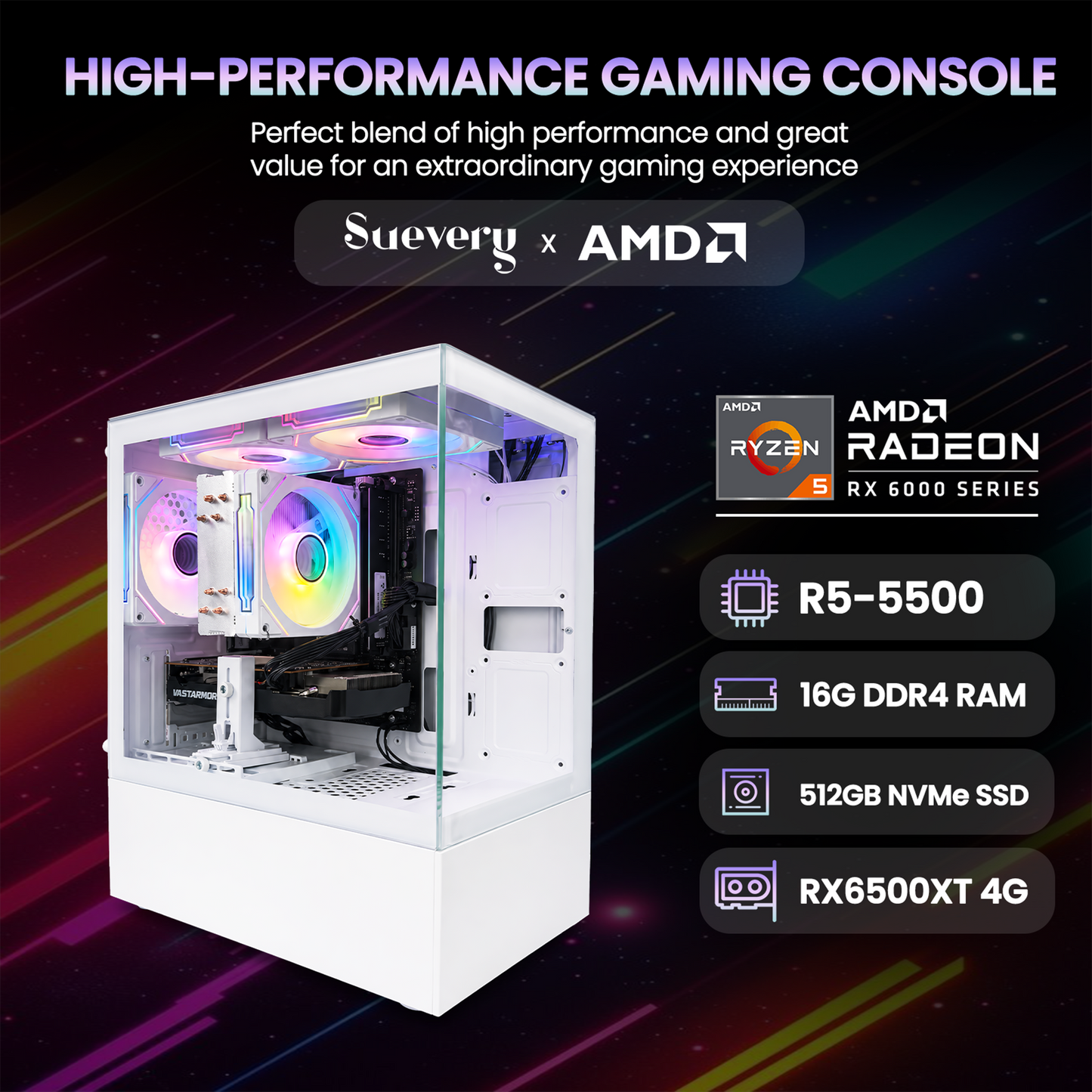Suevery Gaming PC Desktop, AMD Ryzen 5 5500, Radeon RX 6500XT 4GB, 16GB DDR4, 512GB NVMe 3.0 SSD, RGB Fans, White