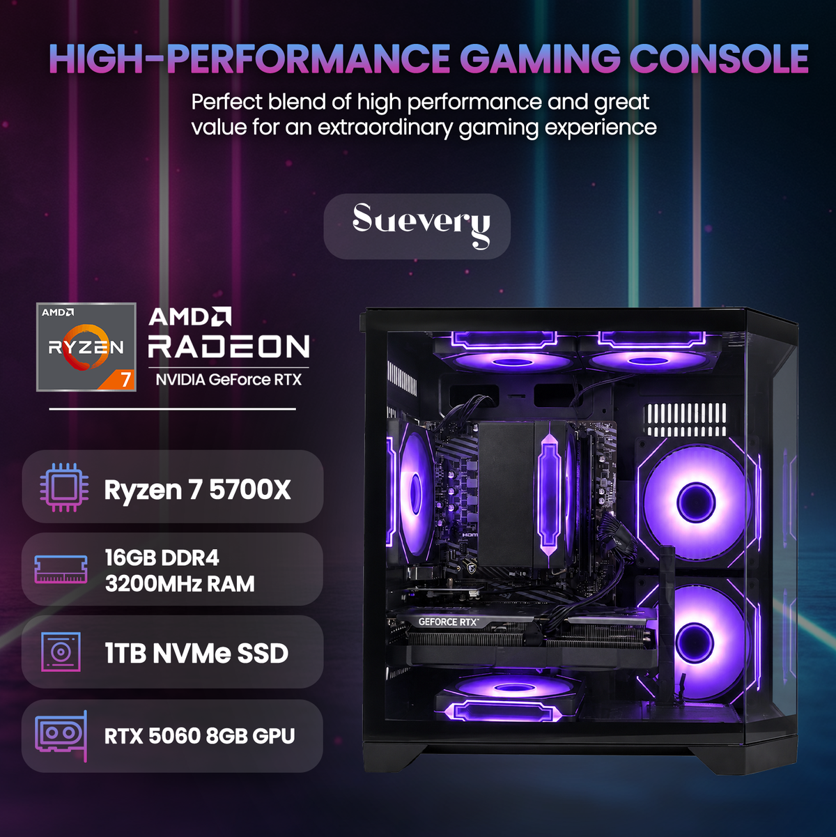 Suevery Gaming PC Desktop, AMD Ryzen 7 5700X, NVIDIA RTX 5060 8GB, 16GB DDR4 RAM, 1TB NVMe SSD, Wi-Fi 6, RGB Lighting, 650W, Black
