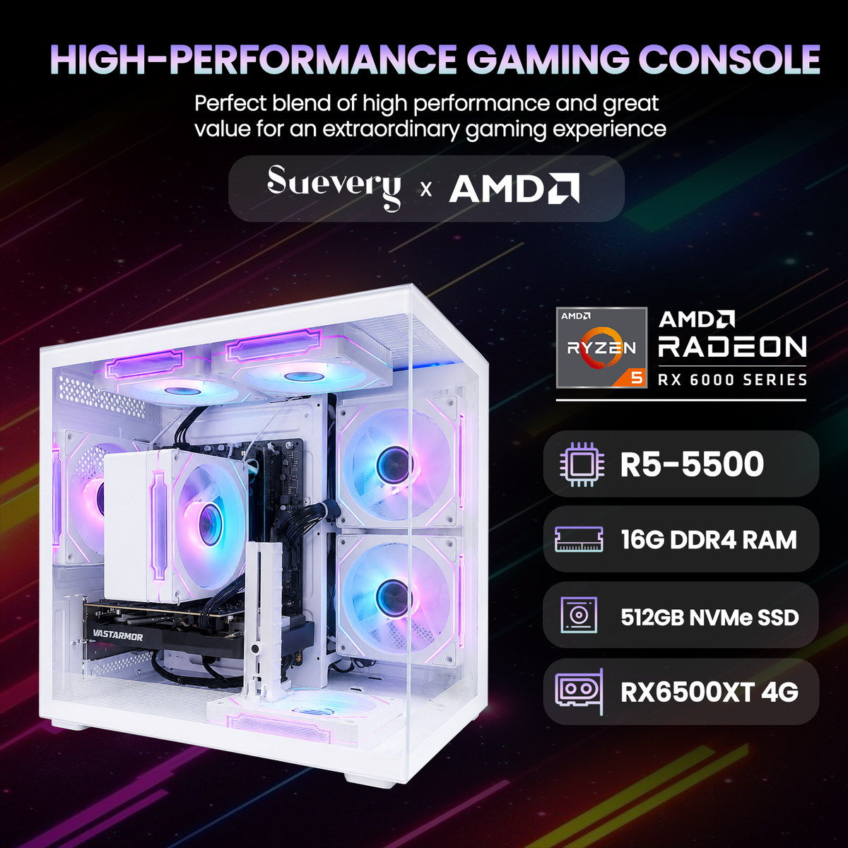 Suevery Gaming PC Desktop - AMD Ryzen 5 5500, Radeon RX 6500XT, DDR4 16GB , 512GB NVMe SSD, A520, WiFi 6, White