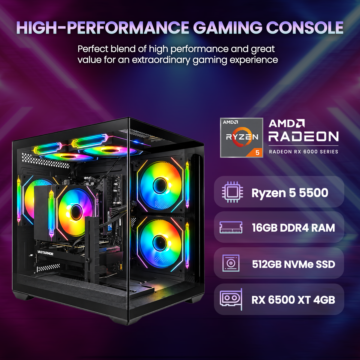 Suevery Gaming PC Desktop, AMD Ryzen 5 5500, RX 6500XT 4G, DDR4 16GB, 512G NVMe SSD, WiFi 6, RGB Lighting, Black