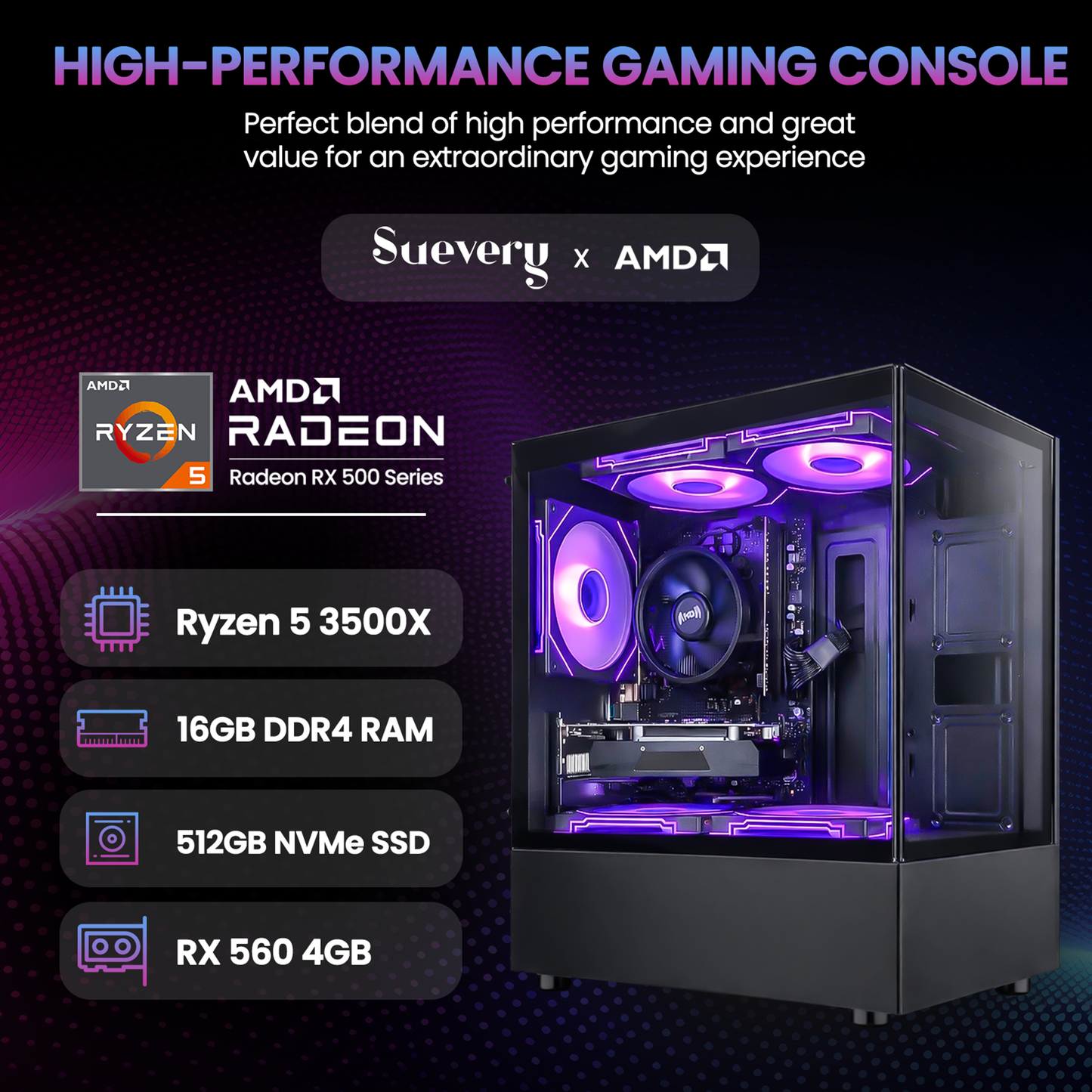 Suevery Gaming PC Desktop - AMD Ryzen 5 3500X, Radeon RX 560, 16GB DDR4 RAM, 512GB NVMe SSD, WiFi 6, RGB Lighting, Black