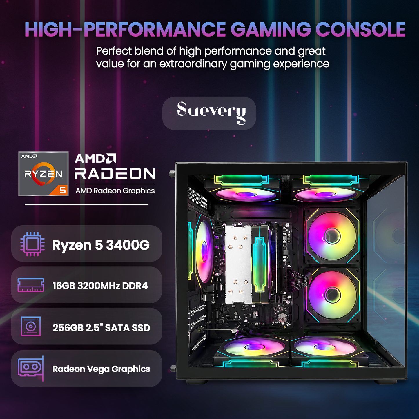 Suevery Gaming PC Desktop, AMD Ryzen 5 3400G up to 4.2GHz, 16G DDR4 RAM, RGB Fansx8, WiFi 6, Black