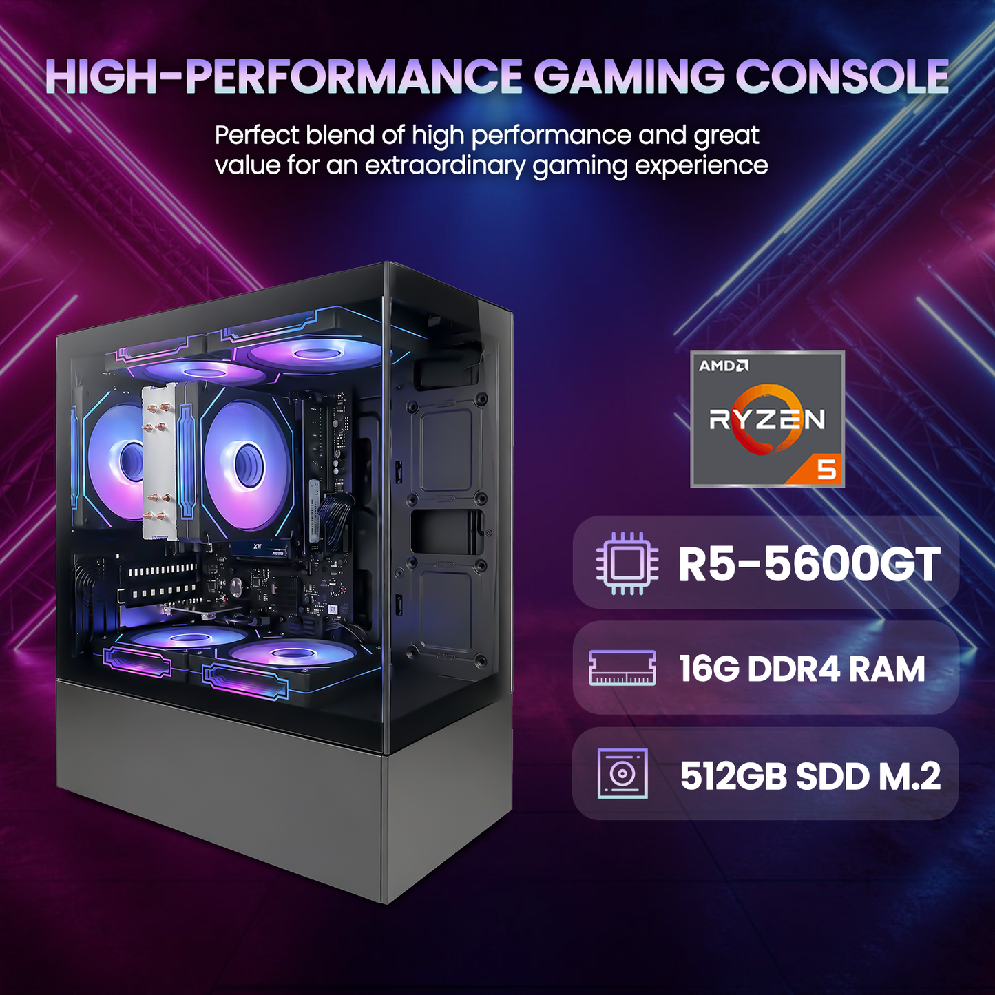 Suevery Gaming PC Desktop – AMD Ryzen 5 5600GT, 16GB DDR4 RAM, 512GB NVMe SSD, 650W, RGB Fans, Wi-Fi 6, Black