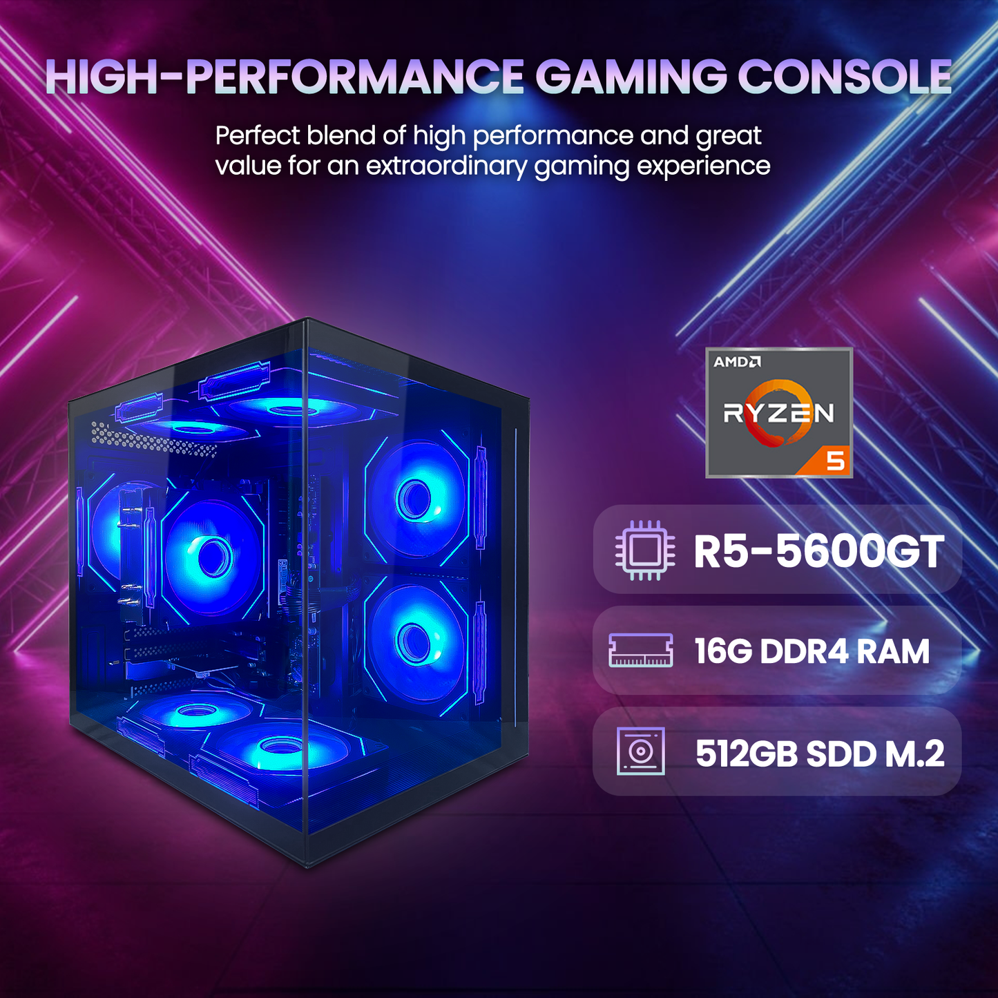 Suevery Gaming PC - AMD Ryzen 5 5600GT, 16GB DDR4 RAM, 512GB NVMe SSD, Wi-Fi 6, 650W, RGB Fans, Black