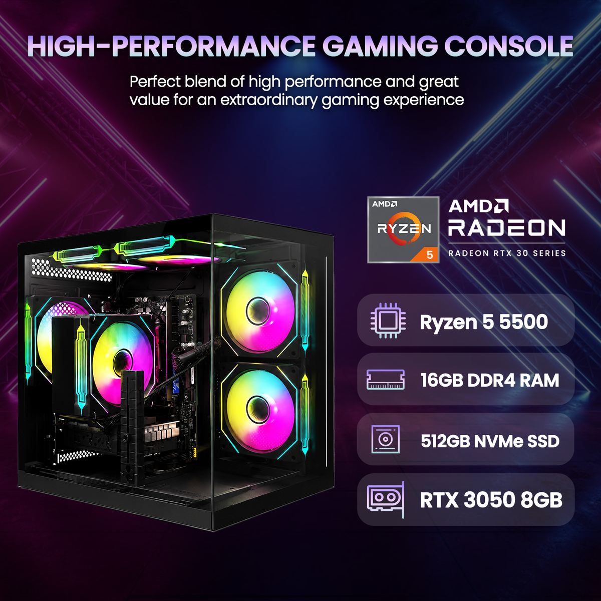 Suevery Gaming PC Desktop, AMD Ryzen 5 5500, RTX 3050 8GB, 16GB DDR4 3200MHz, 512GB NVMe SSD, RGB Fans, Black