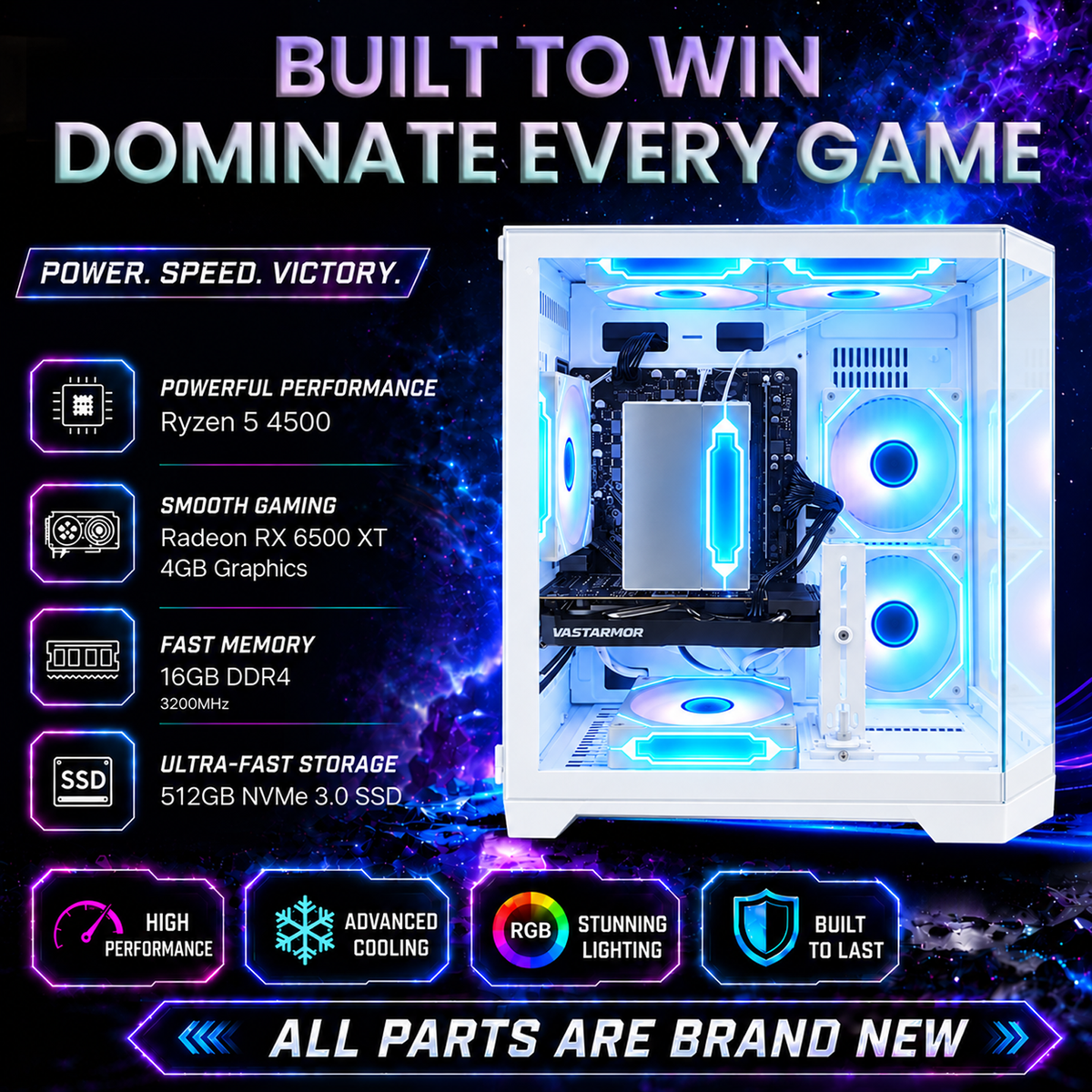 Suevery Gaming PC Desktop, AMD Ryzen 5 4500, RX 6500XT 4G, DDR4 16G , 512GB NVMe SSD, WiFi 6, RGB Fans,  White