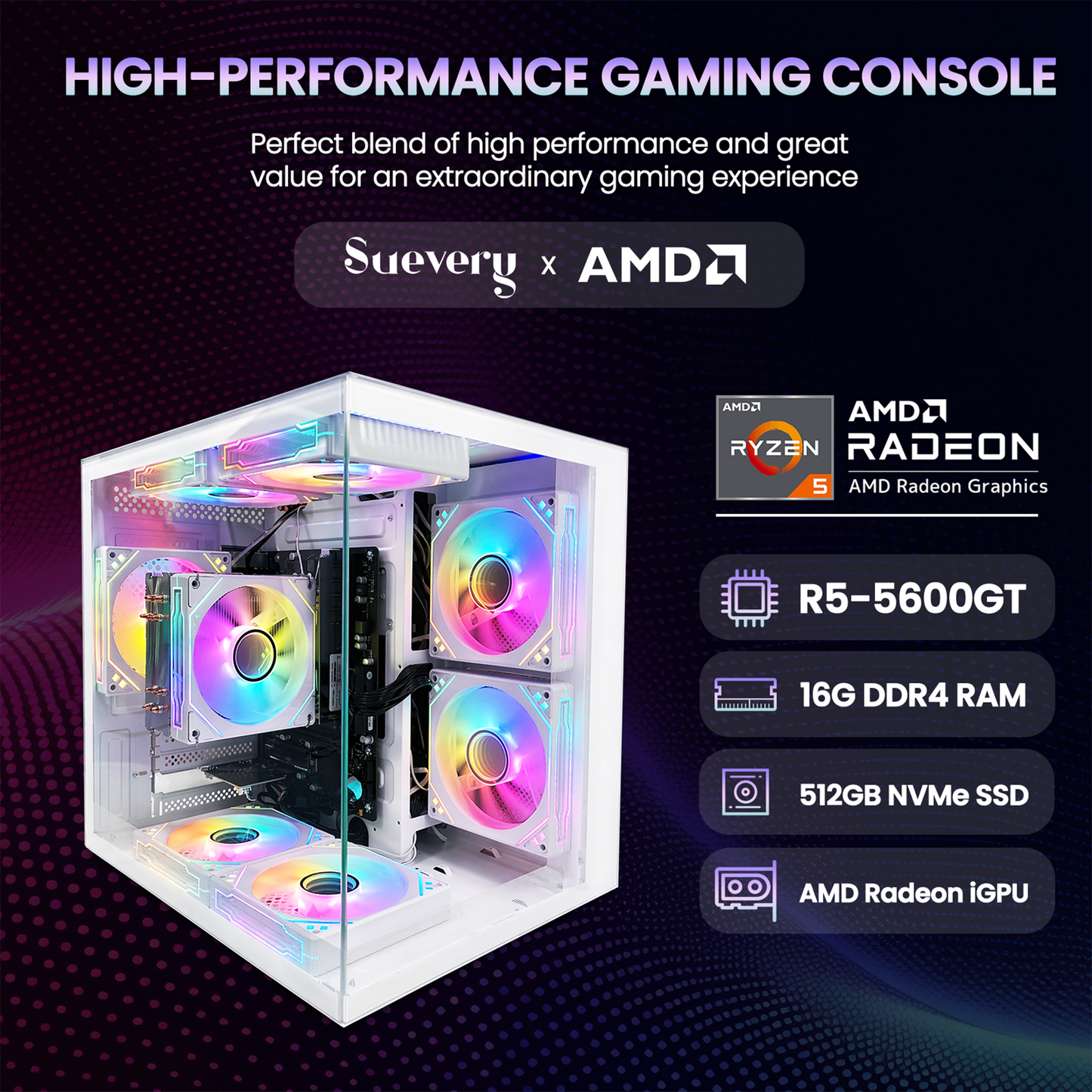 Suevery Desktop PC - AMD Ryzen 5 5600GT, 16GB DDR4 RAM, 512GB NVMe SSD, Wi-Fi 6, RGB Fan, 650W, White