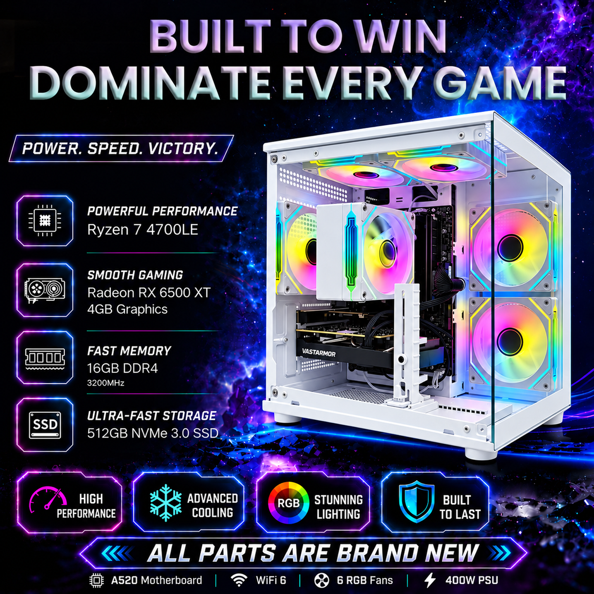 Suevery Gaming PC Desktop, AMD Ryzen 7 4700LE, Radeon RX 6500XT 4GB, 16GB DDR4 RAM, 512GB NVMe SSD, WiFi 6, RGB Lighting, White
