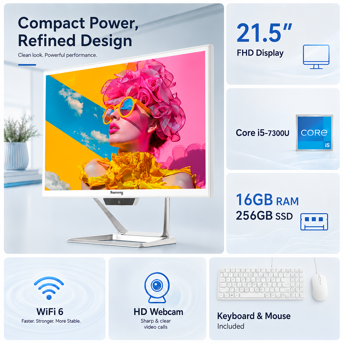 Suevery 21.5 Inch All-in-One PC Desktop, Core i5 16GB RAM 256G SSD, 22" FHD 1080P Display Computer, WiFi 6 HDMI USB, HD Webcam, Compact AIO for Home Office Business Daily Use with Keyboard & Mouse