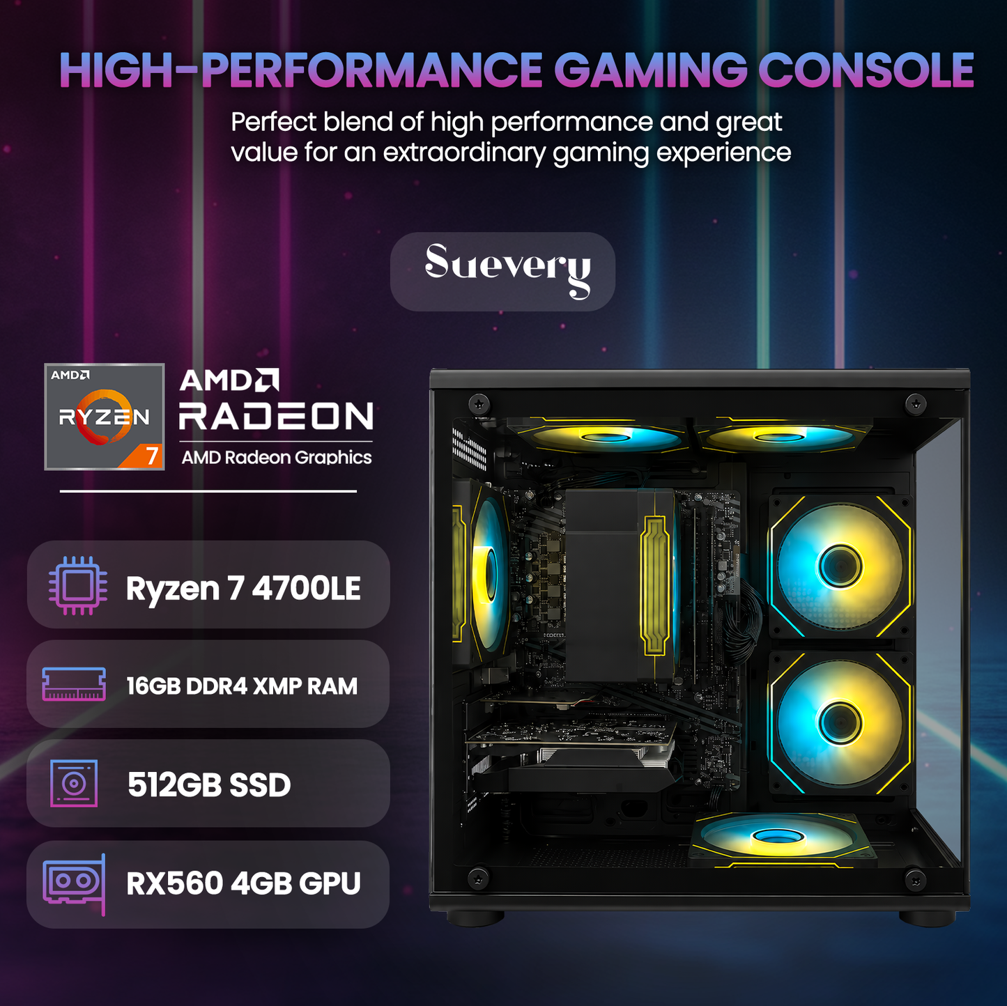 Suevery PC Desktop Computer, AMD Ryzen 7, Radeon RX 560 4G, DDR4 RAM 16G, 512GB SSD, WiFi 6, RGB Lighting, Black