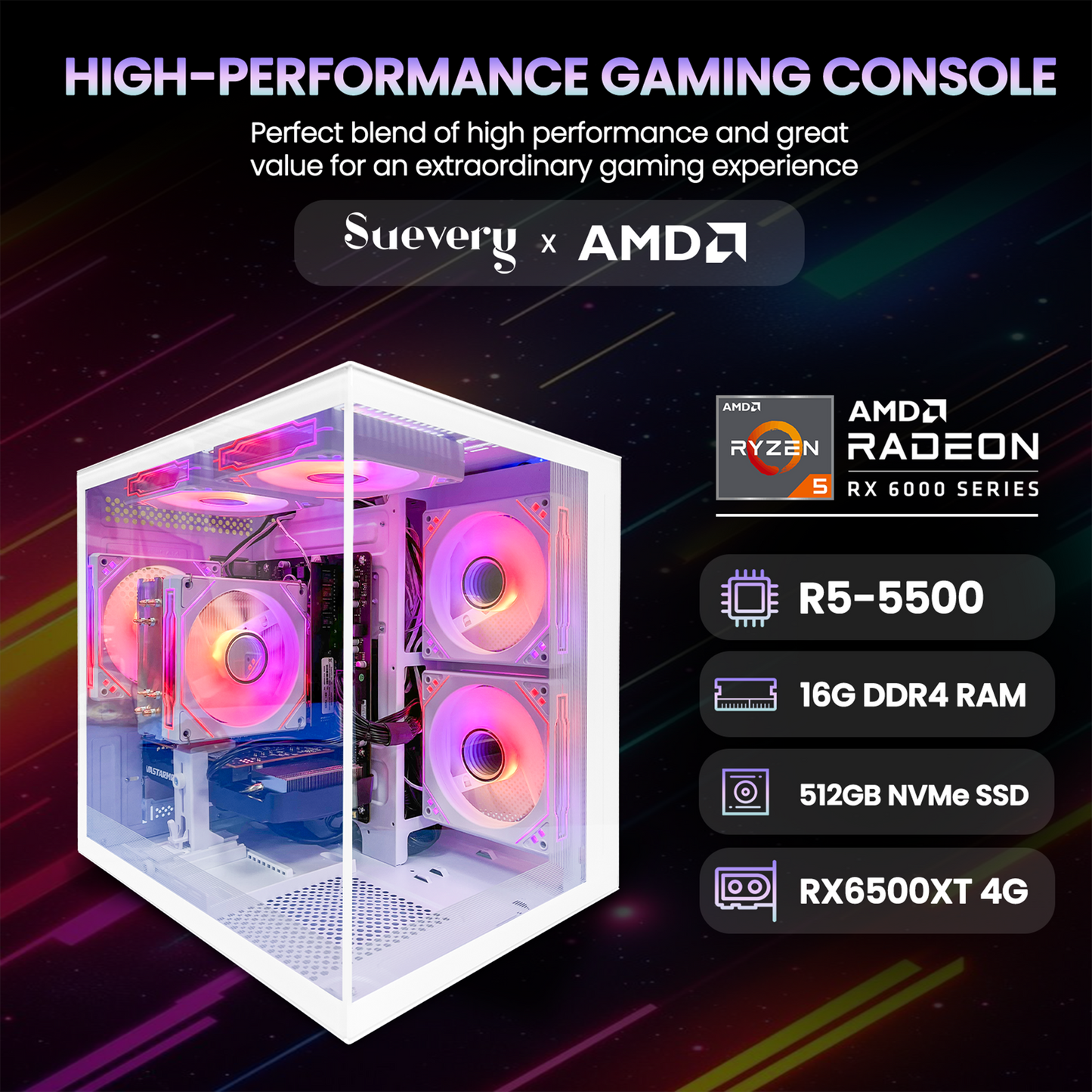Suevery Gaming PC Desktop - AMD Ryzen 5 5500, Radeon RX 6500XT 4GB, 16GB DDR4, 1TB NVMe SSD, Wifi 6, White