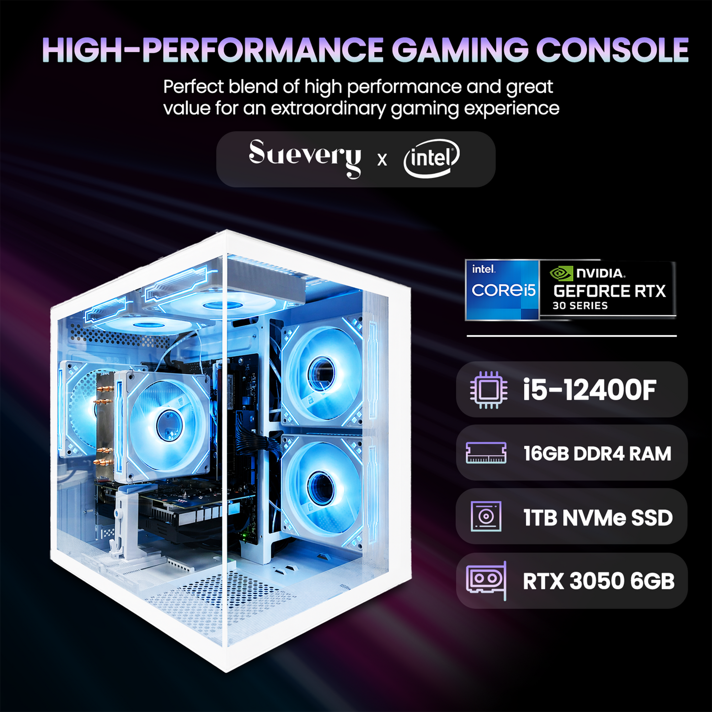 Suevery Gaming PC Desktop, Intel Core i5-12400F up to 4.4Ghz, NVIDIA RTX 3050 6GB, DDR4 16GB, 1TB NVMe 3.0 SSD, RGB Lighting, 650W, White