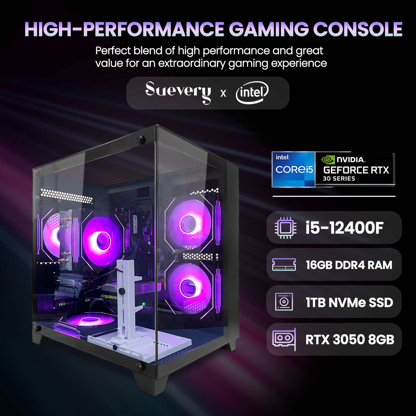 Suevery Gaming PC Desktop - Intel Core i5-12400F, NVIDIA RTX 3050 8GB, 16GB DDR4, 1TB NVMe SSD, WiFi 6, 650W, Black
