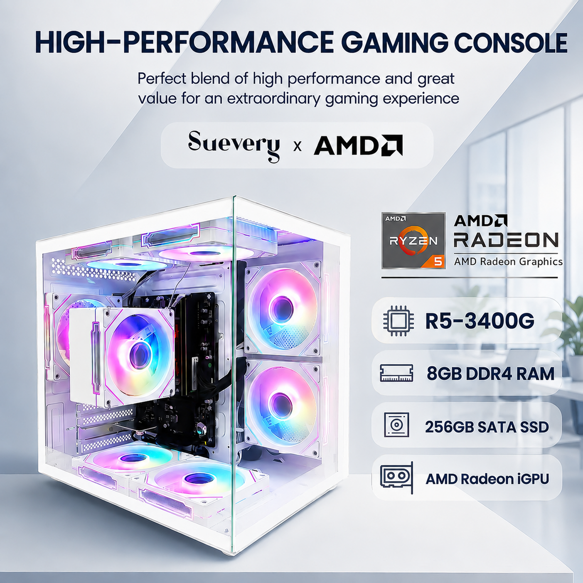 Suevery Desktop PC Computer, AMD Ryzen 5 3400G up to 4.2GHz, 16GB DDR4 RAM, RGB Fans, WiFi 6, White