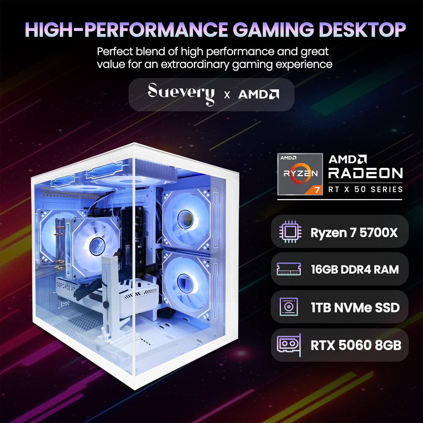 Suevery Gaming PC Desktop - AMD Ryzen 7 5700X, NVIDIA RTX 5060 8GB, 16GB DDR4, 1TB NVMe SSD, RGB lighting, Wi-Fi 6, White