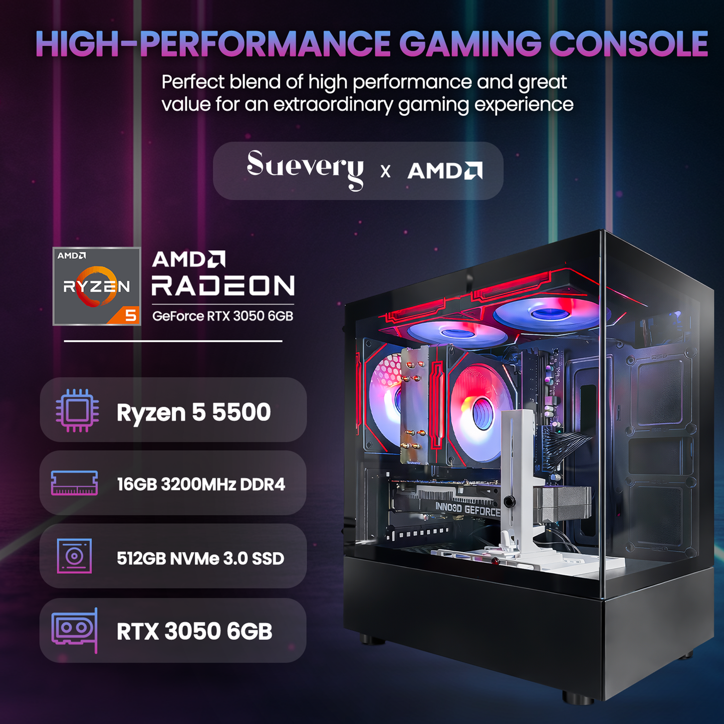 Suevery Gaming PC Desktop, AMD Ryzen 5 5500, RTX 3050 6GB, 16GB DDR4 3200MHz, 512GB NVMe SSD, RGB Fans, Black