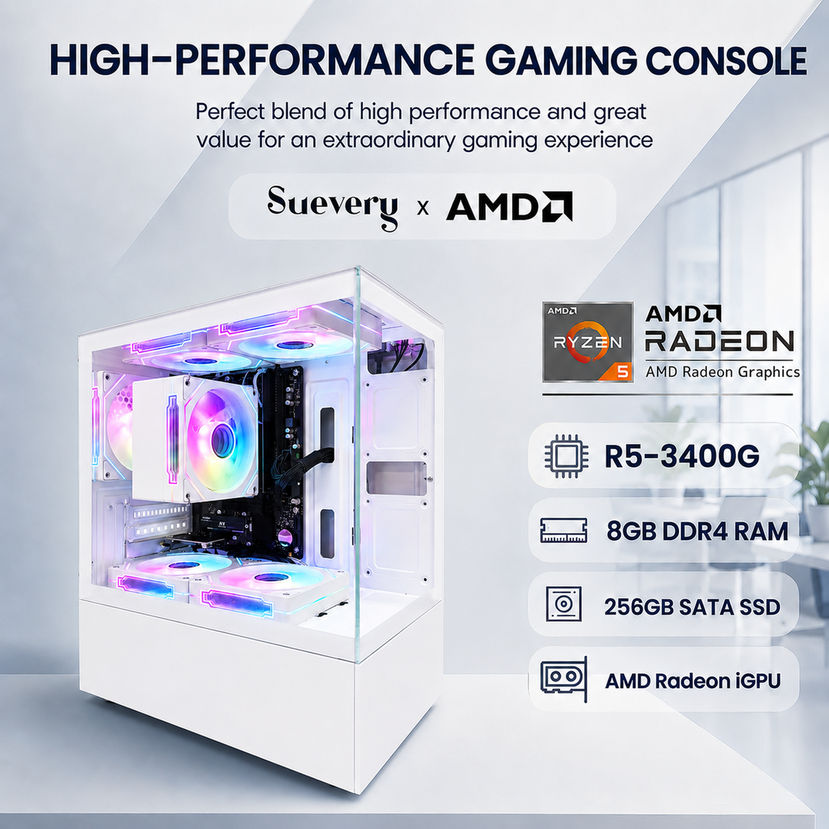 Suevery Desktop PC Computer, AMD Ryzen 5 3400G up to 4.2GHz, 8GB DDR4 RAM, RGB Lighting, WiFi 6, White