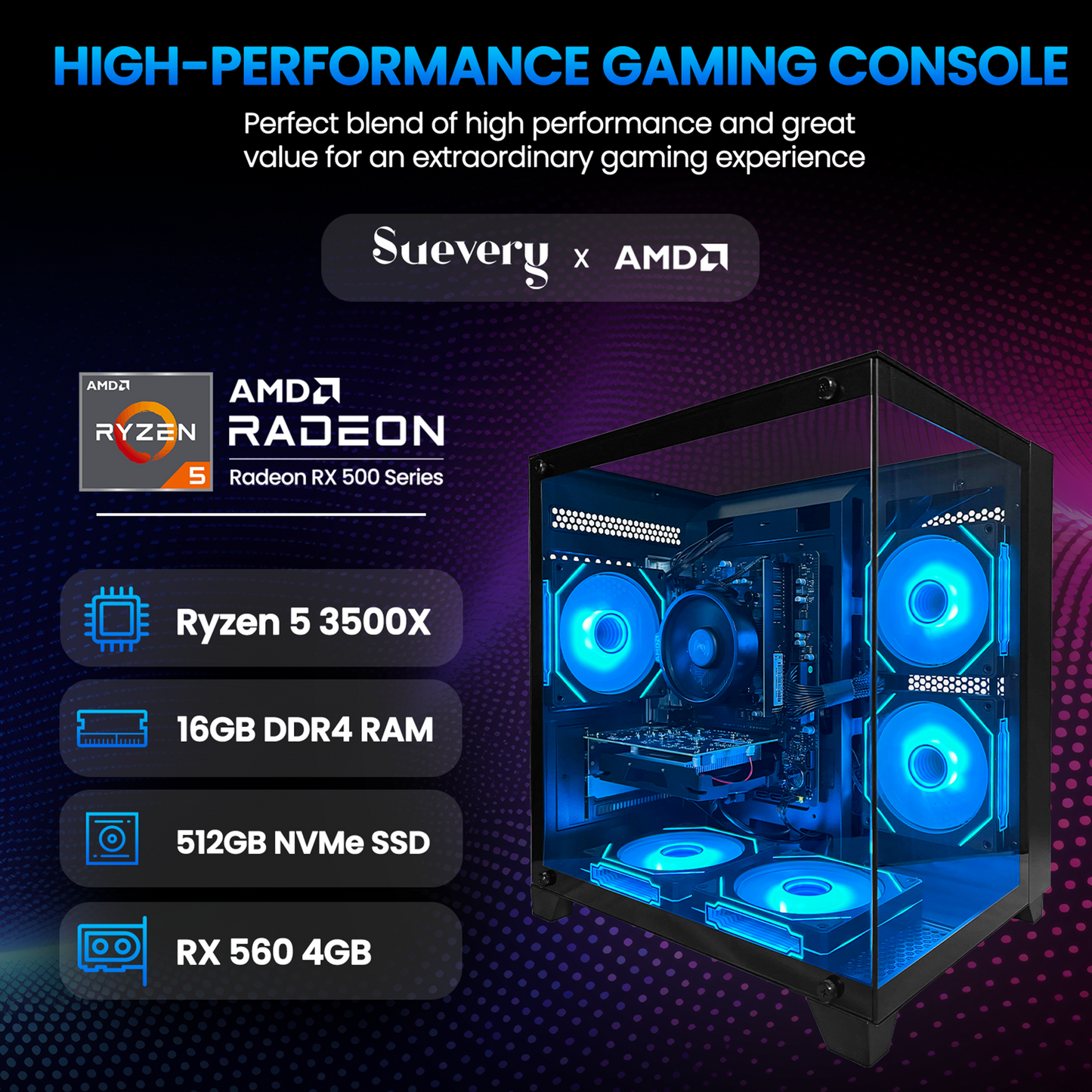 Suevery Gaming PC Desktop, AMD Ryzen 7 5700X, NVIDIA RTX 5060 8GB, 16GB DDR4 RAM, 1TB NVMe SSD, Wi-Fi 6, RGB Lighting, 650W, Black