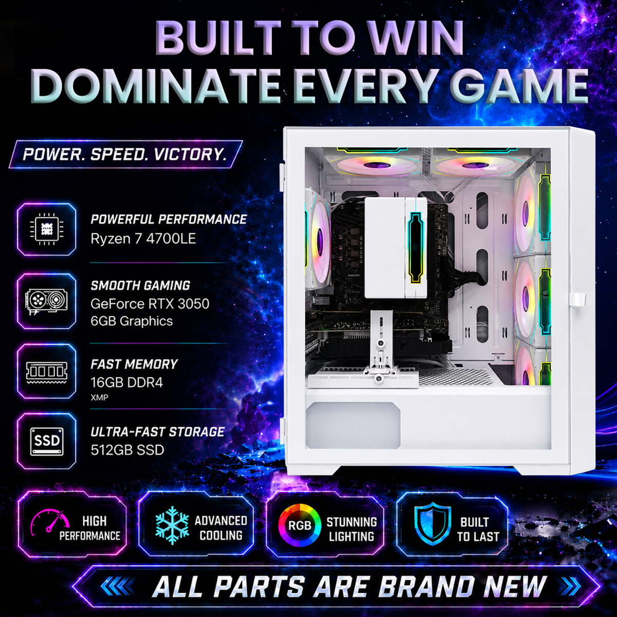 Suevery Gaming PC Desktop, AMD Ryzen 7, RTX 3050 6GB, DDR4 RAM 16GB, 512GB SSD, WiFi, RGB Lighting, White