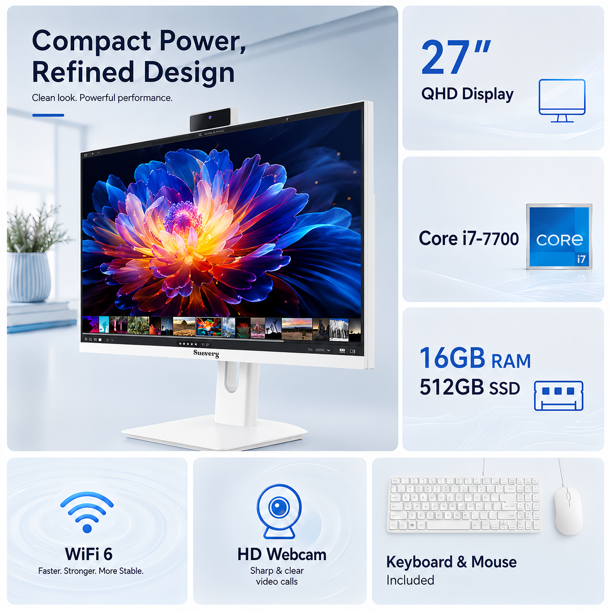 Suevery 27 Inch All-in-One PC Desktop, Core i7 16GB RAM, 512GB SSD, QHD 2560x1440 Computer, WiFi 6, HDMI, USB, HD Webcam, White – with Keyboard & Mouse
