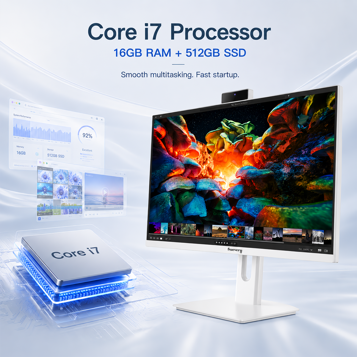 Suevery 27 Inch All-in-One PC Desktop, Core i7 16GB RAM, 512GB SSD, QHD 2560x1440 Computer, WiFi 6, HDMI, USB, HD Webcam, White – with Keyboard & Mouse