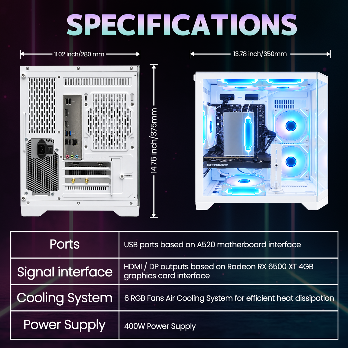 Suevery Gaming PC Desktop, AMD Ryzen 5 4500, RX 6500XT 4G, DDR4 16G , 512GB NVMe SSD, WiFi 6, RGB Fans,  White