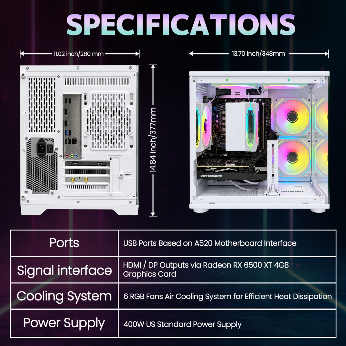 Suevery Gaming PC Desktop, AMD Ryzen 7 4700LE, Radeon RX 6500XT 4GB, 16GB DDR4 RAM, 512GB NVMe SSD, WiFi 6, RGB Lighting, White