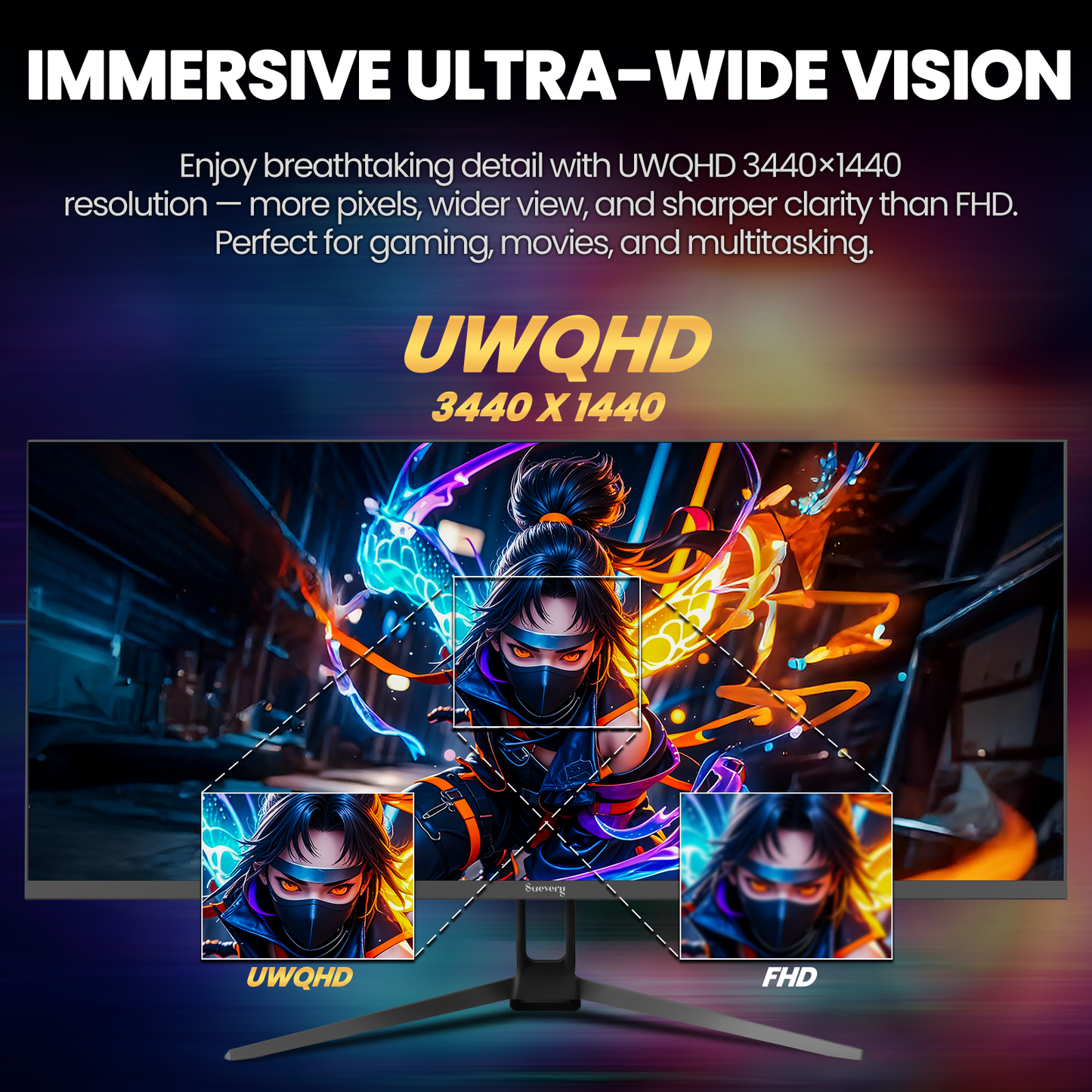 Suevery 34 Inch 165Hz UWQHD IPS Utrawide Gaming Monitor,3440x1440,21:9, Built-in Speakers,120 sRGB,Wall Mountable,HDMI/DP-Black