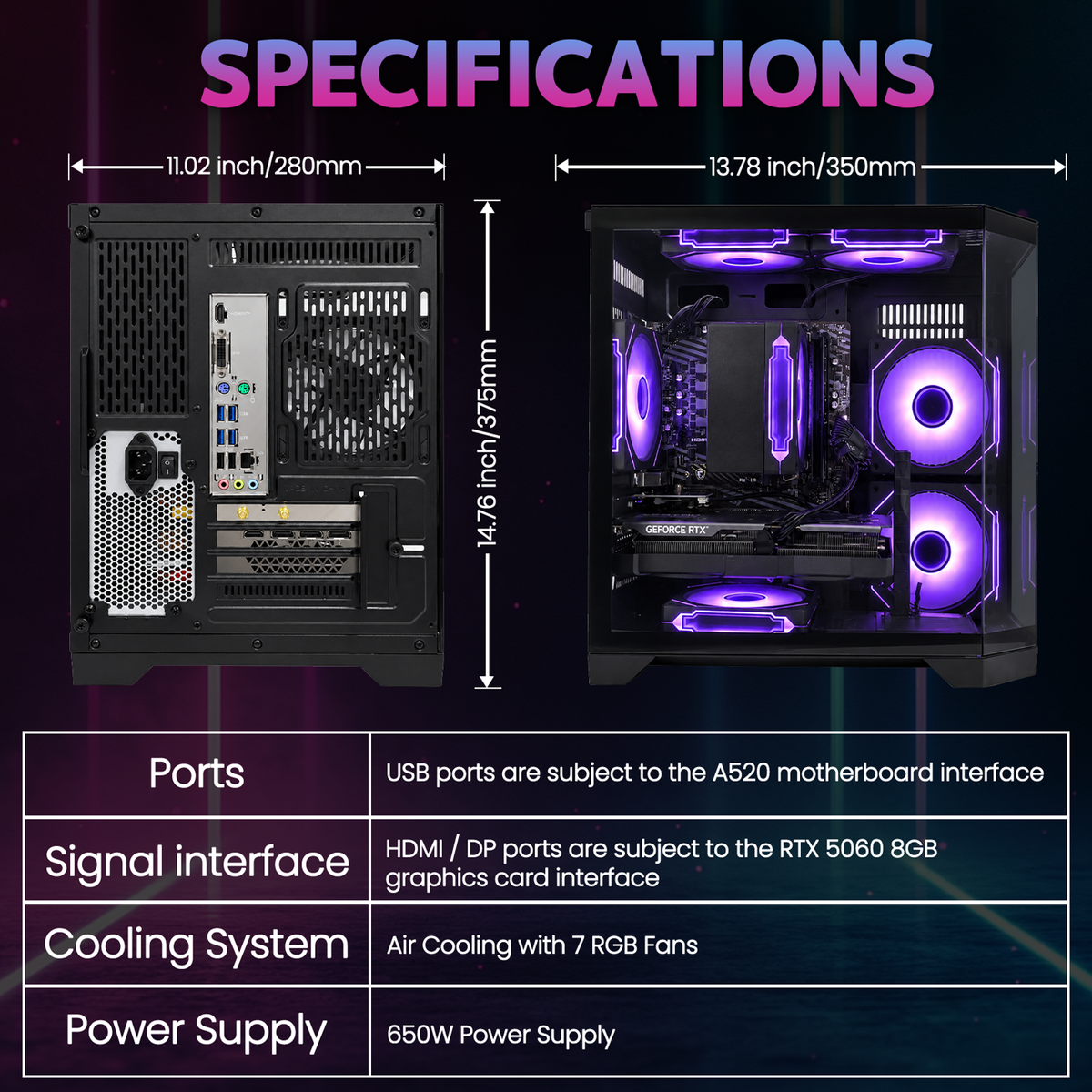 Suevery Gaming PC Desktop, AMD Ryzen 7 5700X, NVIDIA RTX 5060 8GB, 16GB DDR4 RAM, 1TB NVMe SSD, Wi-Fi 6, RGB Lighting, 650W, Black
