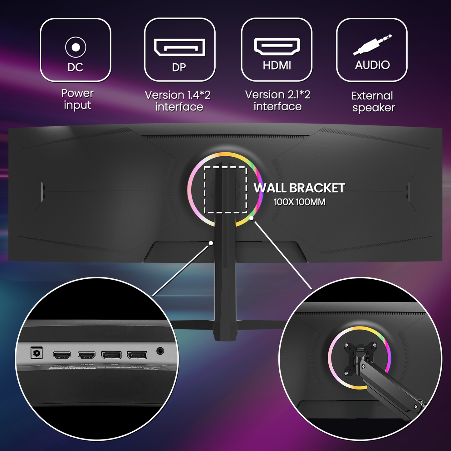 Suevery 49" Curved Ultra-Wide Gaming Monitor, DQHD 5120×1440, 165Hz, 1500R, Built-in Speakers, FreeSync, HDMI & DP, Wall Mount Install–Black