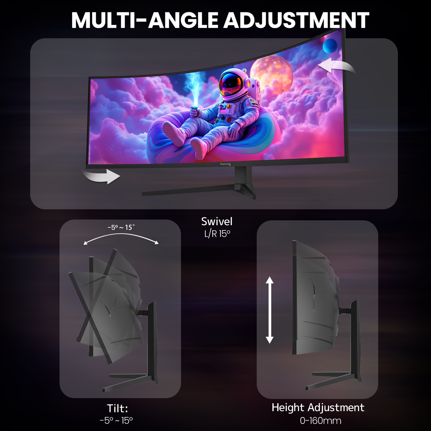 Suevery 49" Curved Ultra-Wide Gaming Monitor, DQHD 5120×1440, 165Hz, 1500R, Built-in Speakers, FreeSync, HDMI & DP, Wall Mount Install–Black