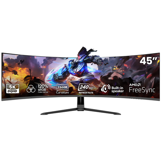 Suevery 45" 240Hz Dual QHD 5120 x 1440 Curved Gaming Monitor, 1500R, Built-in Speakers, Adjustable Stand, RGB Lighting, Black