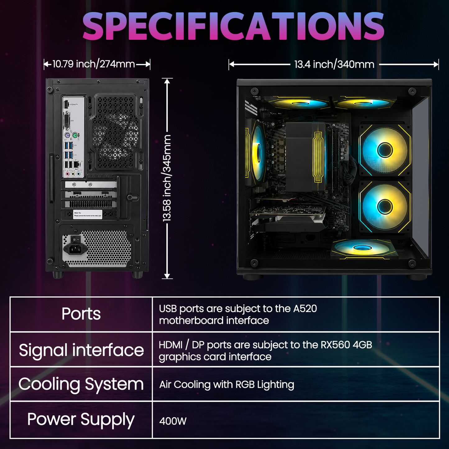 Suevery PC Desktop Computer, AMD Ryzen 7, Radeon RX 560 4G, DDR4 RAM 16G, 512GB SSD, WiFi 6, RGB Lighting, Black