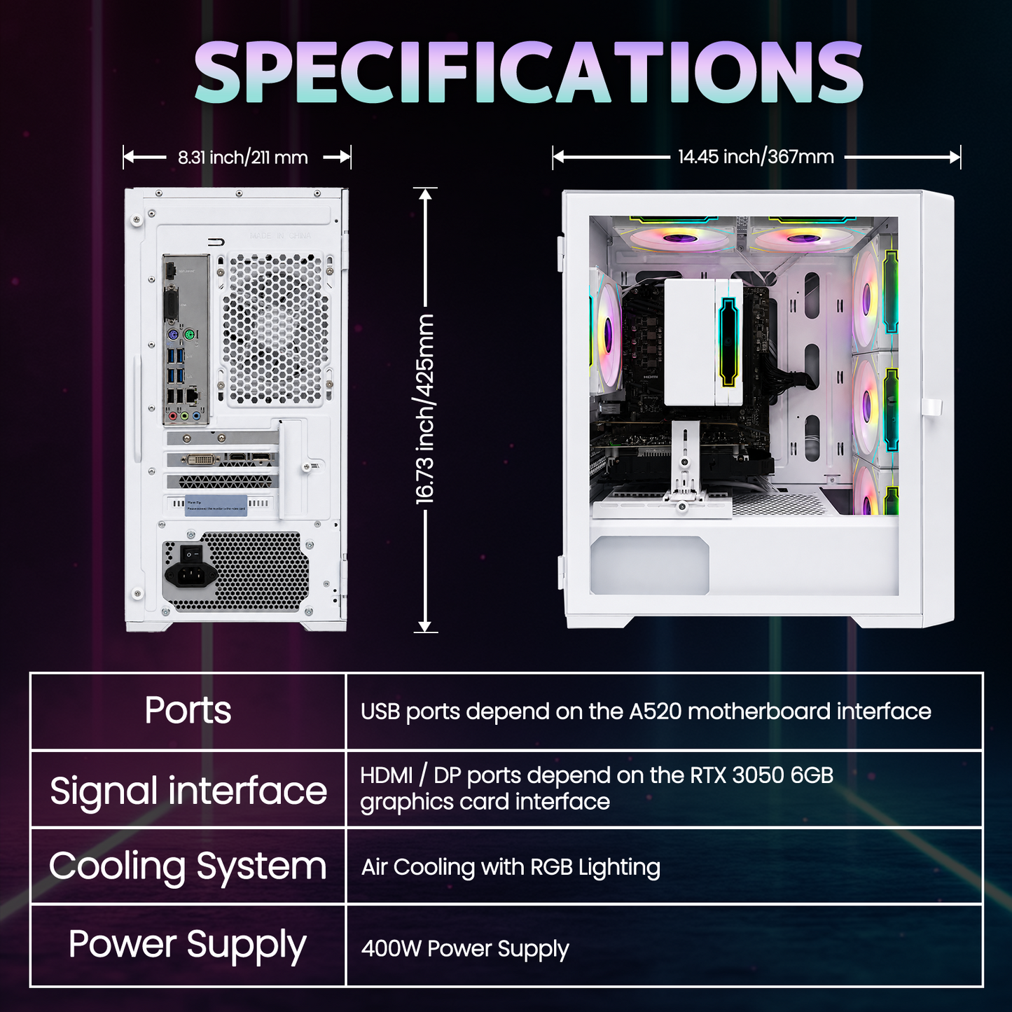 Suevery Gaming PC Desktop, AMD Ryzen 7, RTX 3050 6GB, DDR4 RAM 16GB, 512GB SSD, WiFi, RGB Lighting, White