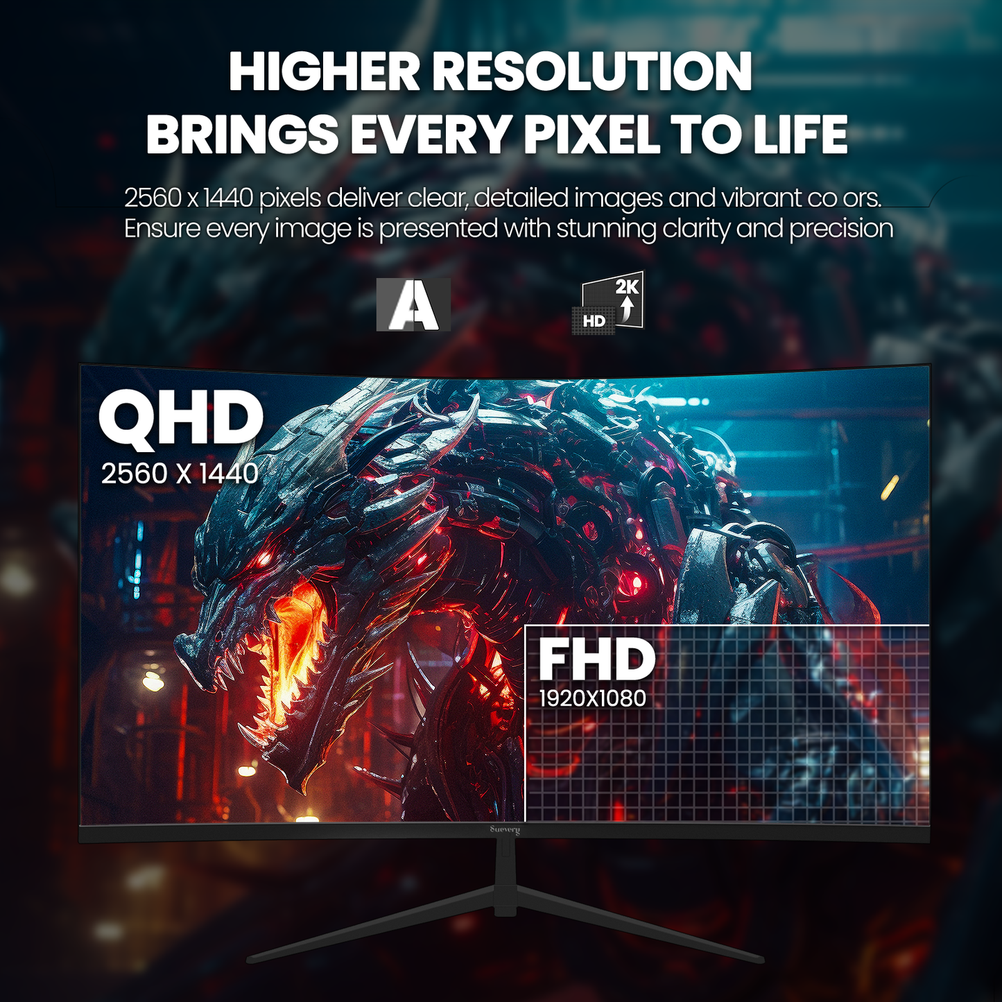 Suevery 32" 165Hz Curved Gaming Monitor, QHD 2560x1440P, 1800R, FreeSync, Low Blue Light, Wall Mountable, HDMI/DP, Black