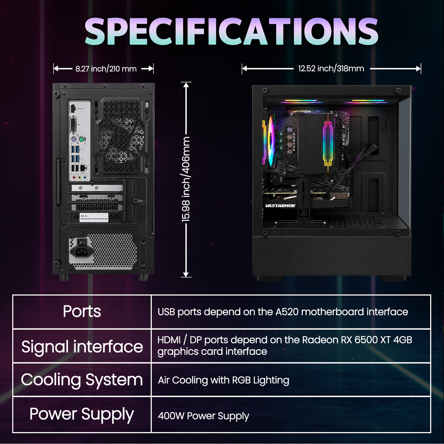 Suevery Gaming PC Desktop, AMD Ryzen 7, Radeon RX 6500XT 4G, DDR4 RAM 16GB , 512GB SSD, WiFi 6, RGB Lighting, Black
