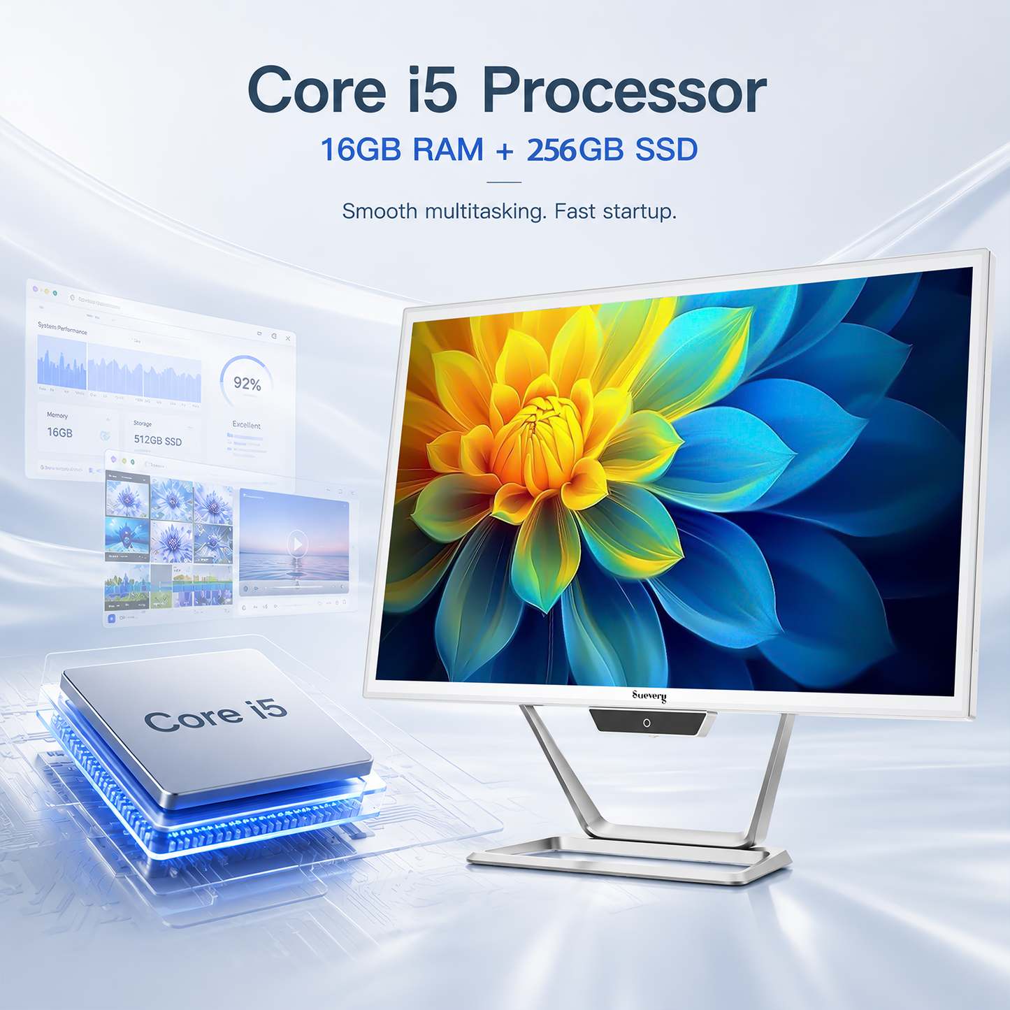 Suevery 21.5 Inch All-in-One PC Desktop, Core i5 16GB RAM 256G SSD, 22" FHD 1080P Display Computer, WiFi 6 HDMI USB, HD Webcam, Compact AIO for Home Office Business Daily Use with Keyboard & Mouse